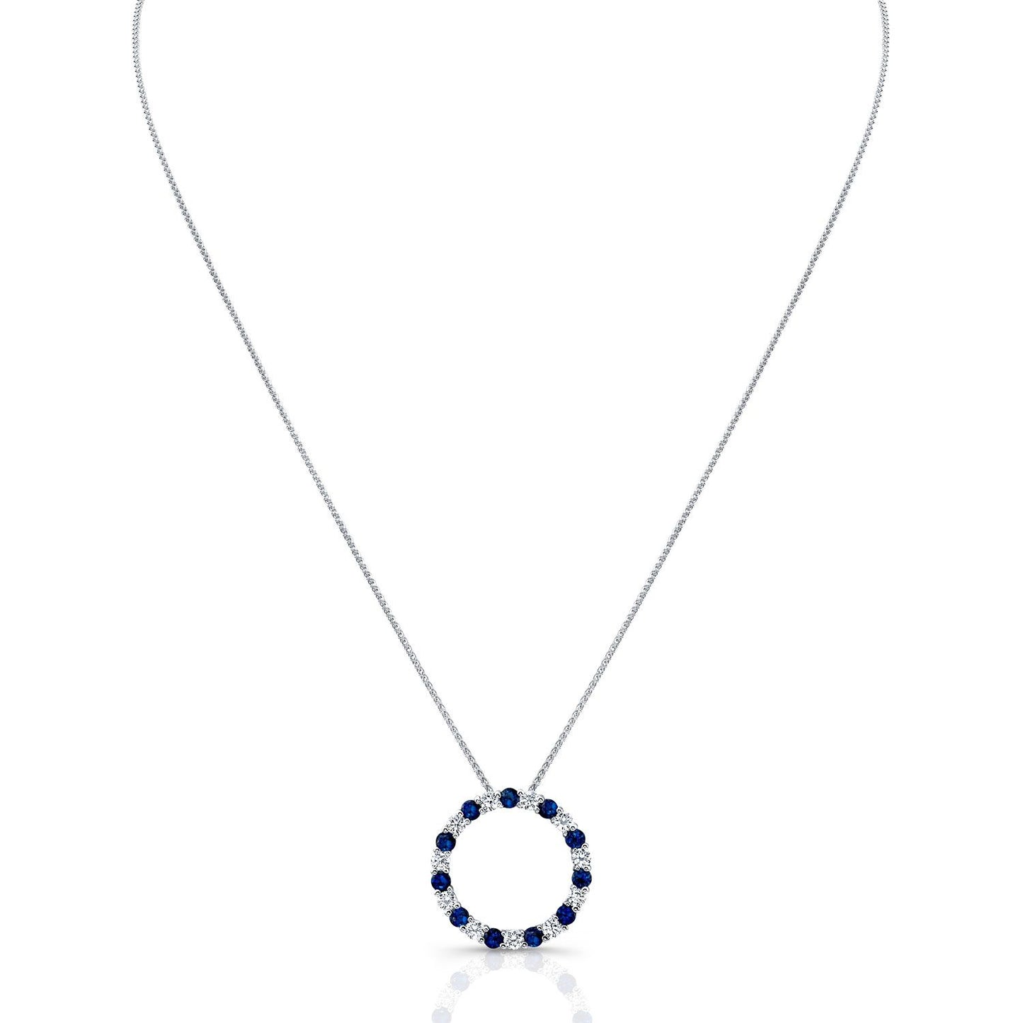 Sapphire And Diamond Circle Pendant In 14k White Gold 17-inch Chain