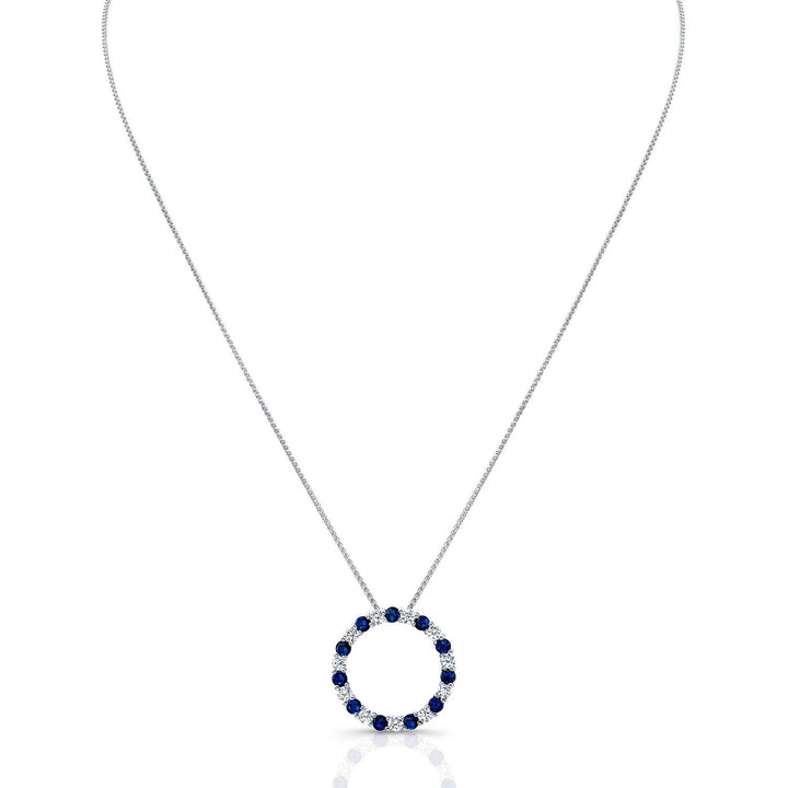 Sapphire And Diamond Circle Pendant In 14k White Gold 17-inch Chain