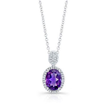 Oval Amethyst And Diamond Halo Pendant In 14k White Gold