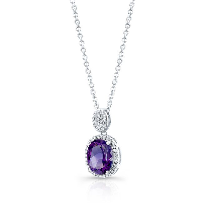 Oval Amethyst And Diamond Halo Pendant In 14k White Gold