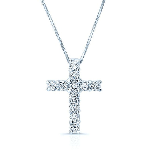 Diamond Prong-set Petite Cross Pendant In 14k White Gold