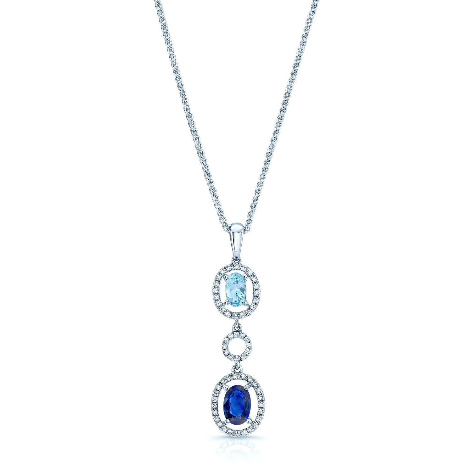 Aqua, Sapphire And Diamond Oval Drop Pendant In 14k White Gold (17-in Wheat Chain)