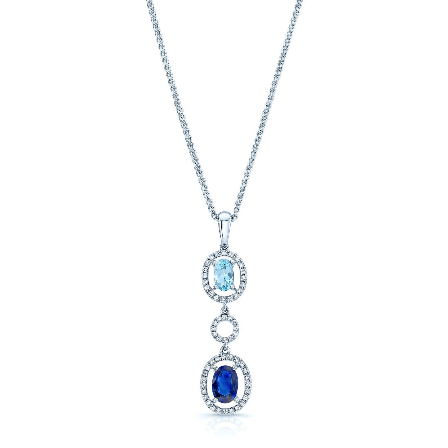 Aqua, Sapphire And Diamond Oval Drop Pendant In 14k White Gold (17-in Wheat Chain)
