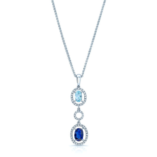Aqua, Sapphire And Diamond Oval Drop Pendant In 14k White Gold (17-in Wheat Chain)