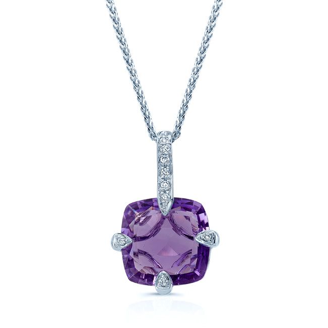 Amethyst And Diamond Pendant With Studded Prongs In 14k White Gold