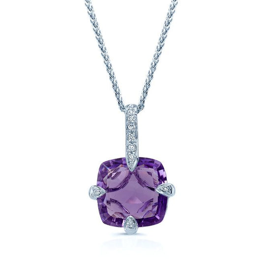 Amethyst And Diamond Pendant With Studded Prongs In 14k White Gold