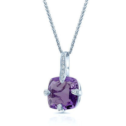 Amethyst And Diamond Pendant With Studded Prongs In 14k White Gold