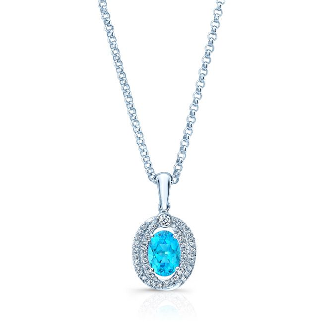 Oval Swiss Blue Topaz & Diamond Pendant In 14k White Gold