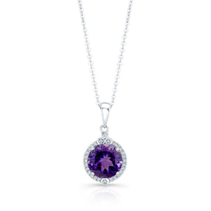 Amethyst Round Brilliant Halo Pendant in 14K White Gold – front view | RockHer