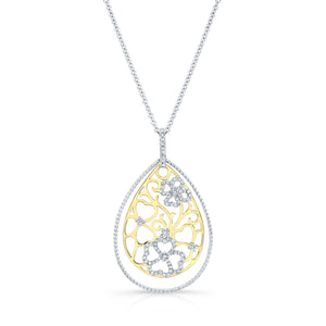 Diamond Tear Drop Scrolled Lattice Pendant In 14k Yellow And White Gold – front view | RockHer