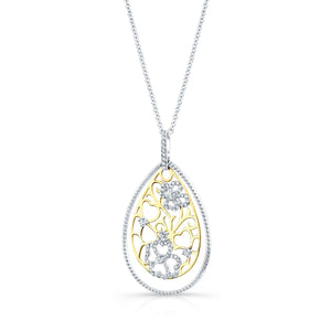 Diamond Tear Drop Scrolled Lattice Pendant In 14k Yellow And White Gold – side profile | RockHer