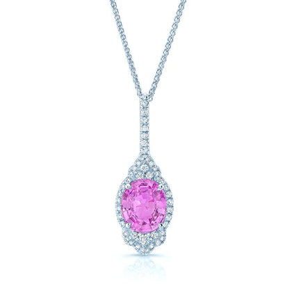 Pink Sapphire And Diamond Drop Oval Pendant In 18k White Gold