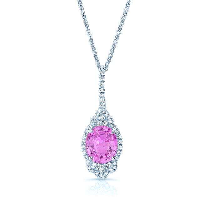 Pink Sapphire And Diamond Drop Oval Pendant In 18k White Gold
