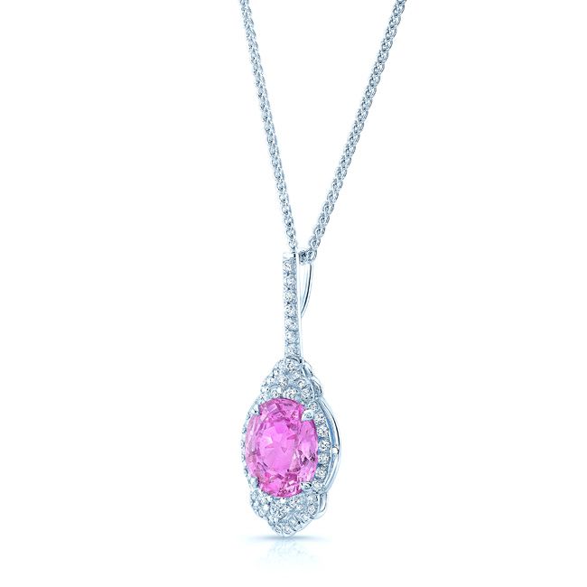 Pink Sapphire And Diamond Drop Oval Pendant In 18k White Gold