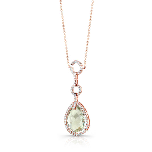 Green Amethyst Checkerboard Pear Shape Necklace With Diamond Border And Circle Links Bail In 14k White Gold (15x11mm)
