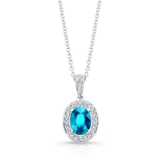 Aquamarine And Diamond Oval Halo Pendant With Tapered Pave Bail In 14k White Gold (8x6mm)
