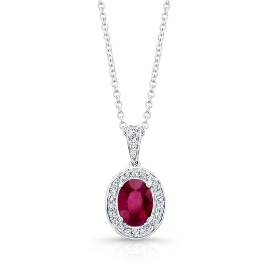 Ruby Oval And Diamond Pendant In 14k White Gold