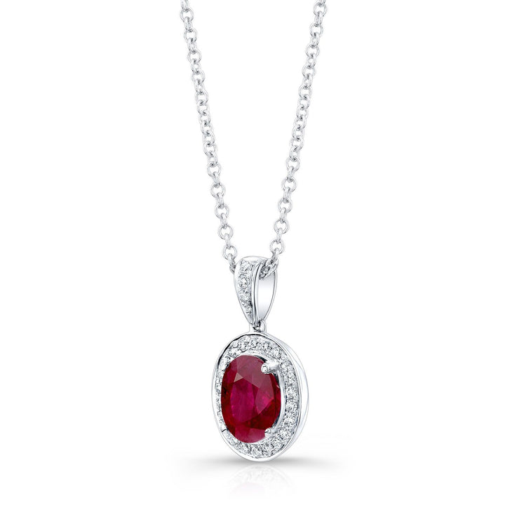 Ruby Oval And Diamond Pendant In 14k White Gold