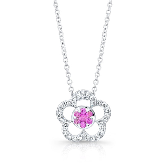 Pink Sapphire And Diamond Flower Slide Pendant In 18k White Gold