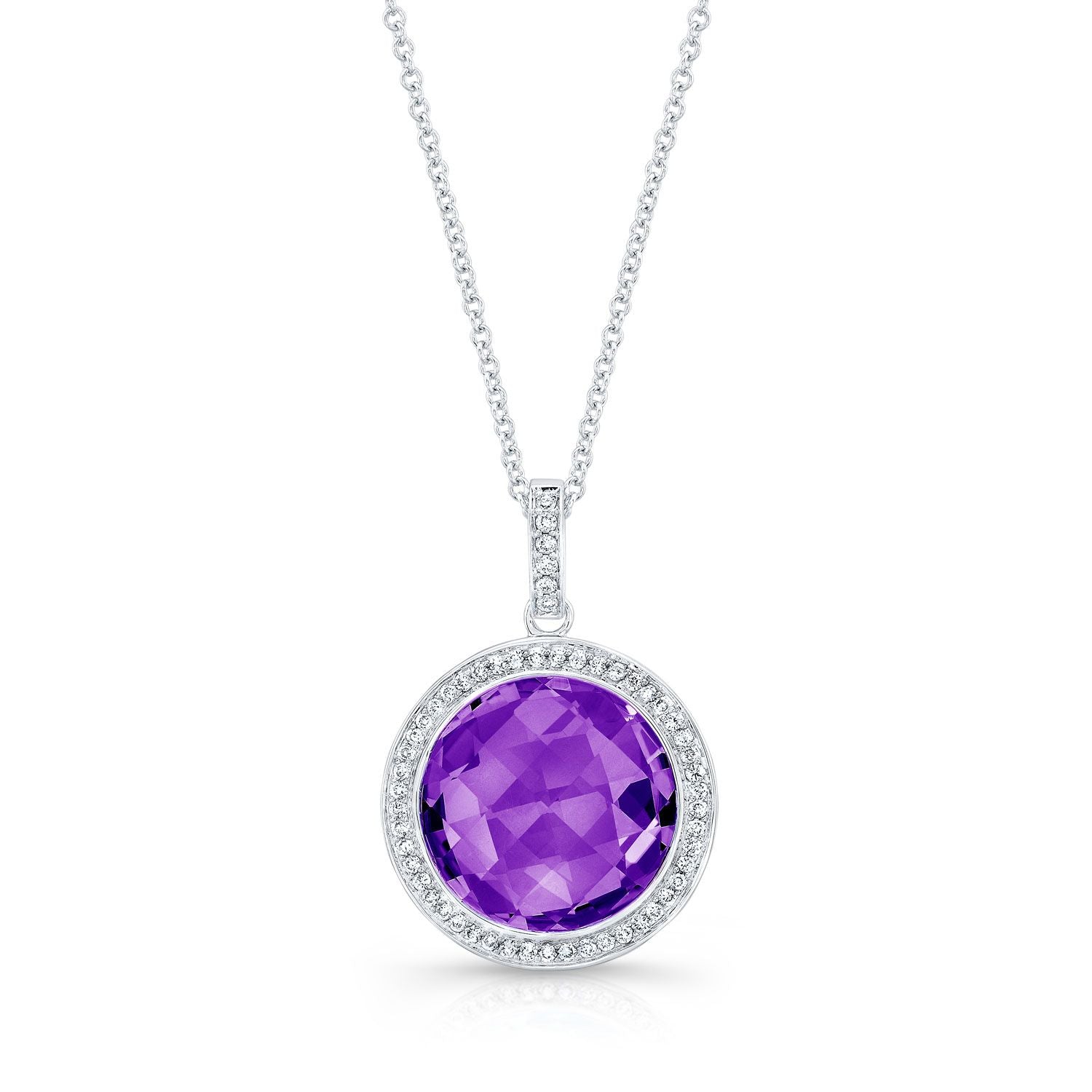 Amethyst And Diamond Round Checkerboard Halo Pendant In 14k White Gold (si)