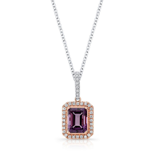 Amethyst And Diamond Emerald-cut Halo Pendant In 14k Two Tone Gold (8x6mm Center)
