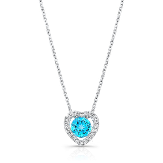 Blue Topaz Diamond Heart Frame Pendant In 14k White Gold (17-in Curb Chain)
