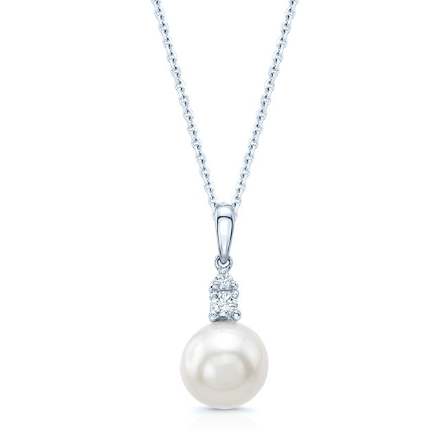 Pearl And Diamond Drop Pendant In 14k White Gold 18in Curb Chain