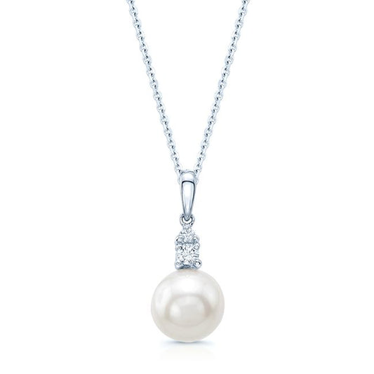 Pearl And Diamond Drop Pendant In 14k White Gold 18in Curb Chain