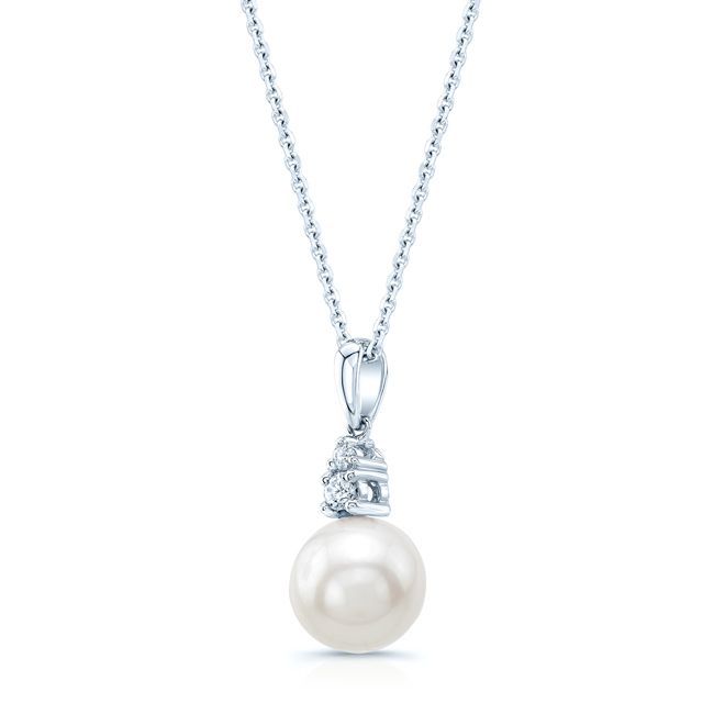 Pearl And Diamond Drop Pendant In 14k White Gold 18in Curb Chain