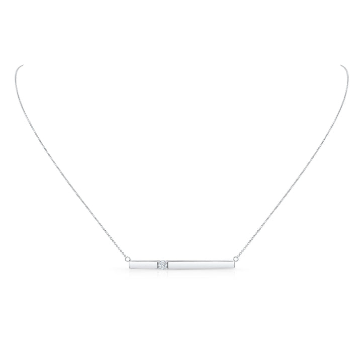 Diamond Bar Necklace In 14k White Gold 0.10ctw, 17 Inch Chain