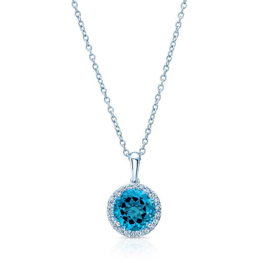 Blue Topaz And Diamond Round Halo Pendant With Solid Bail In 14k White Gold (10mm Center)