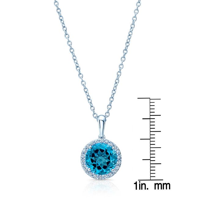 Blue Topaz And Diamond Round Halo Pendant With Solid Bail In 14k White Gold (10mm Center)