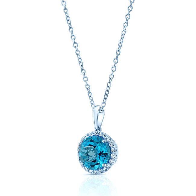 Blue Topaz And Diamond Round Halo Pendant With Solid Bail In 14k White Gold (10mm Center)