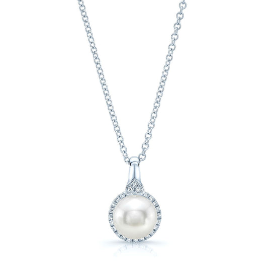 Fresh Water Pearl And Diamond Halo Pendnat In 14k White Gold