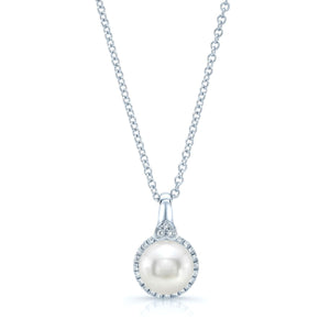 Freshwater Pearl Pear Shape Halo Pendant in 14K White Gold – front view | RockHer