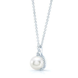 Freshwater Pearl Pear Shape Halo Pendant in 14K White Gold – side profile | RockHer