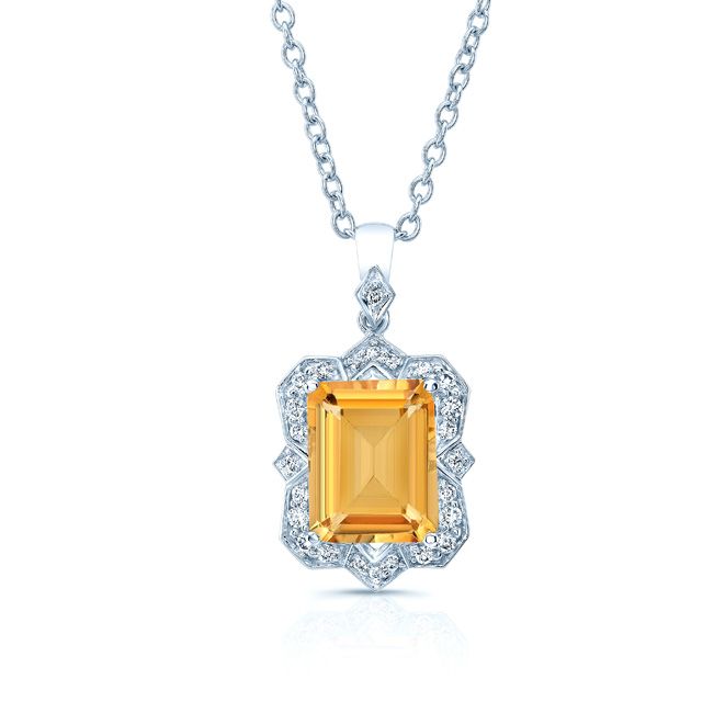 Citrine Emerald Cut And Diamond Pendant In 14k White Gold (1/5 Ct.tw.)