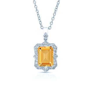 Citrine Emerald Cut Pendant in 14K White Gold – front view | RockHer