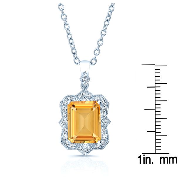 Citrine Emerald Cut And Diamond Pendant In 14k White Gold (1/5 Ct.tw.)