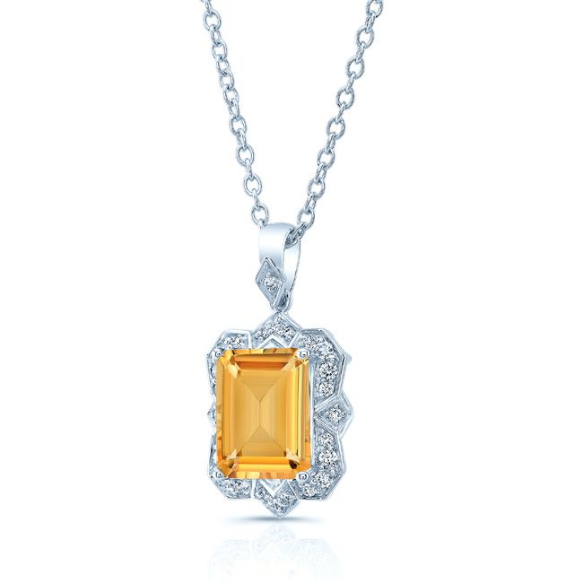 Citrine Emerald Cut And Diamond Pendant In 14k White Gold (1/5 Ct.tw.)