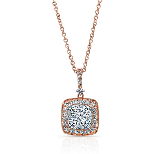 Diamond Pave Cluster Cushion Shaped Pendant In 14k Two Tone Gold (3/4 Ct.tw.)