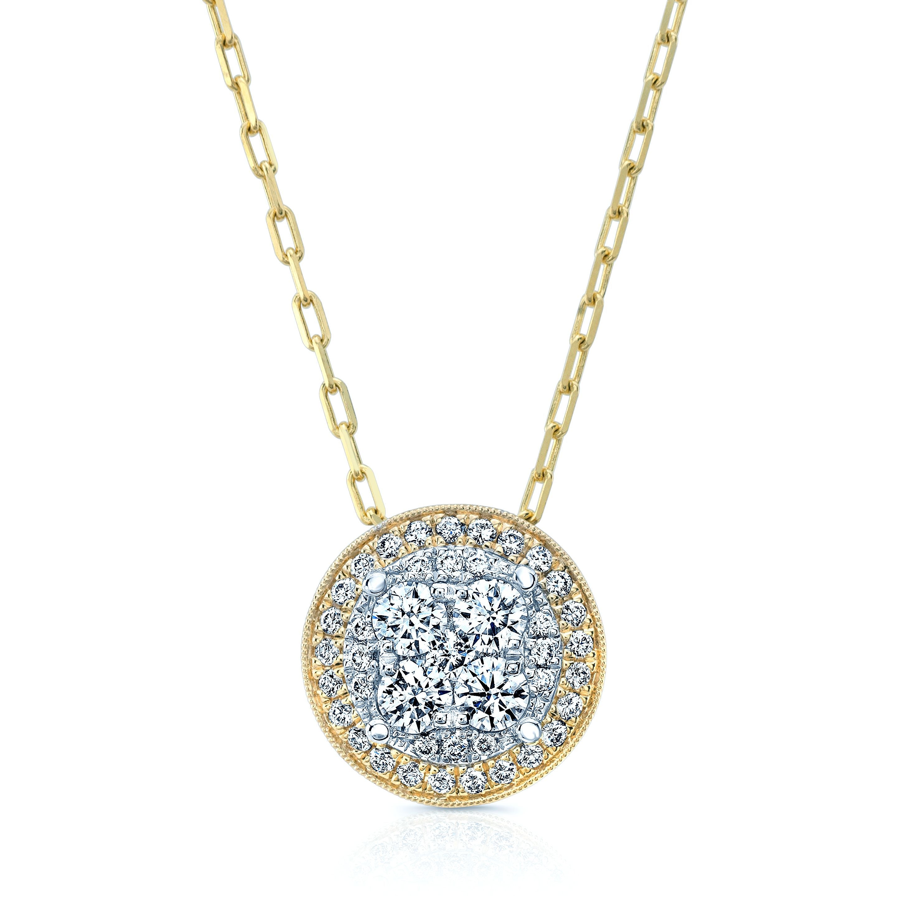 Round Diamond Halo Cluster Pendant In 14k Two Tone Gold Adj 16-18 Inch Chain(5/8 Ct.tw.)