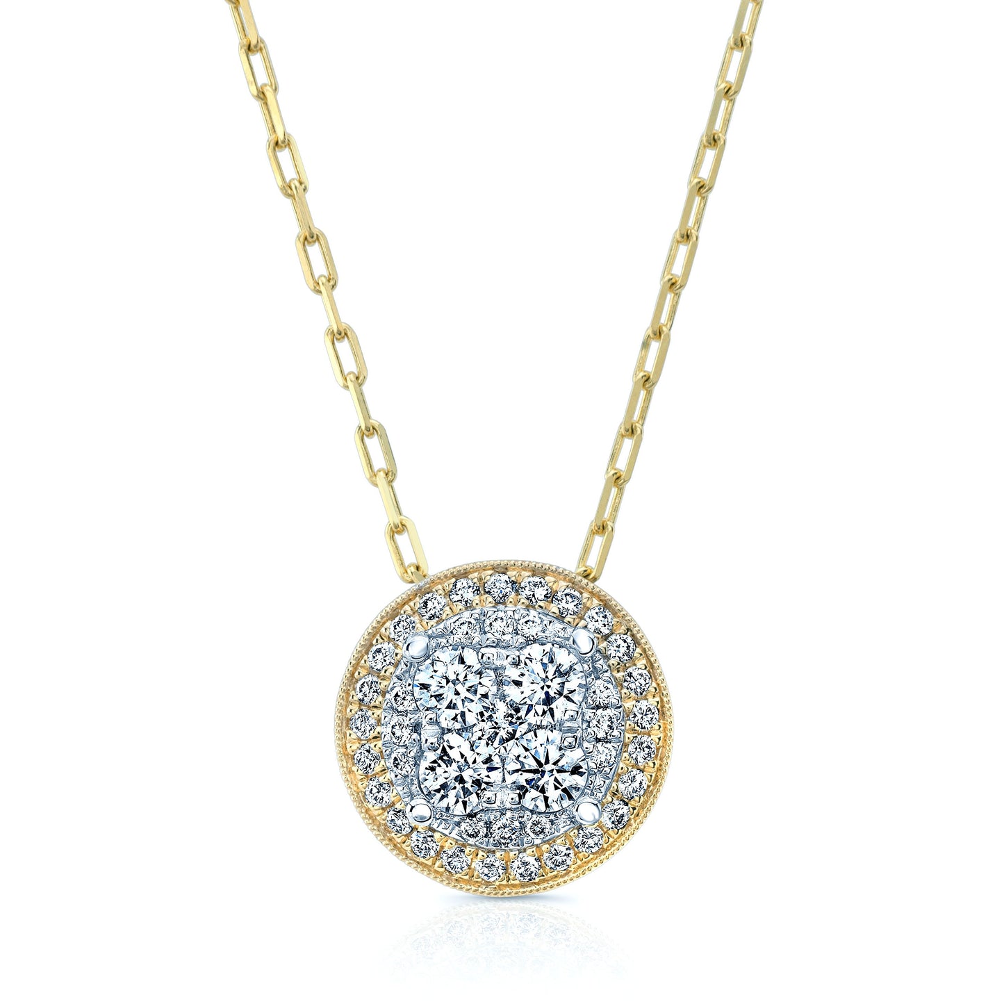 Round Diamond Halo Cluster Pendant In 14k Two Tone Gold Adj 16-18 Inch Chain(5/8 Ct.tw.)