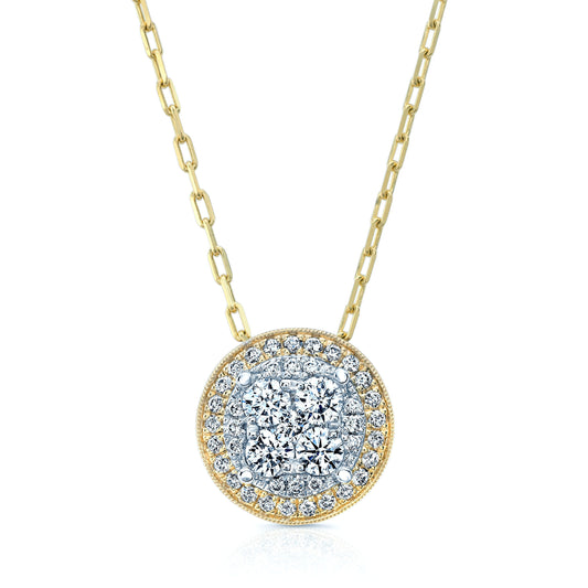 Round Diamond Halo Cluster Pendant In 14k Two Tone Gold Adj 16-18 Inch Chain(5/8 Ct.tw.)