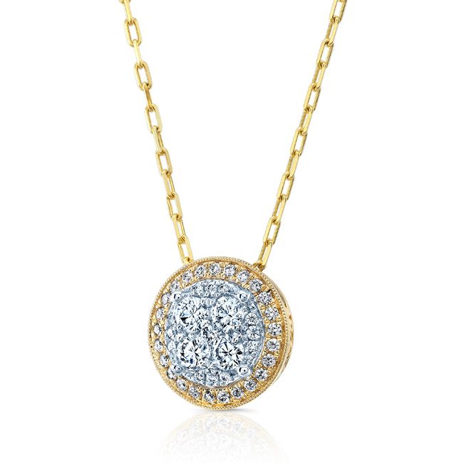 Round Diamond Halo Cluster Pendant In 14k Two Tone Gold Adj 16-18 Inch Chain(5/8 Ct.tw.)