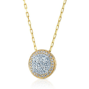Round Diamond Halo Cluster Pendant In 14k Two Tone Gold Adj 16-18 Inch Chain(5/8 Ct.tw.) – side profile | RockHer