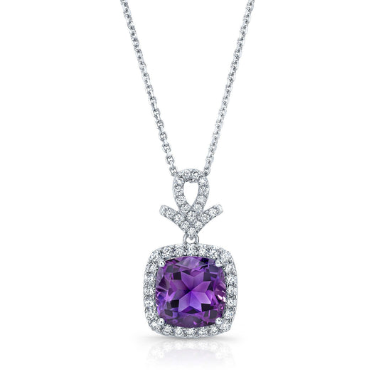 Amethyst Cushion And Diamond Pendant In 14k White Gold