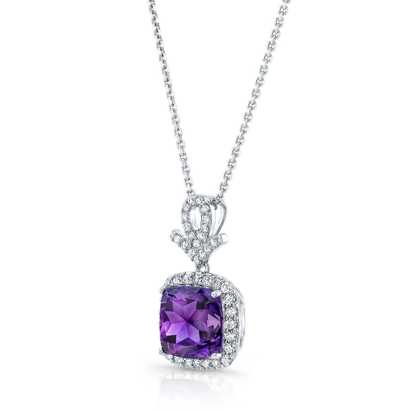 Amethyst Cushion And Diamond Pendant In 14k White Gold