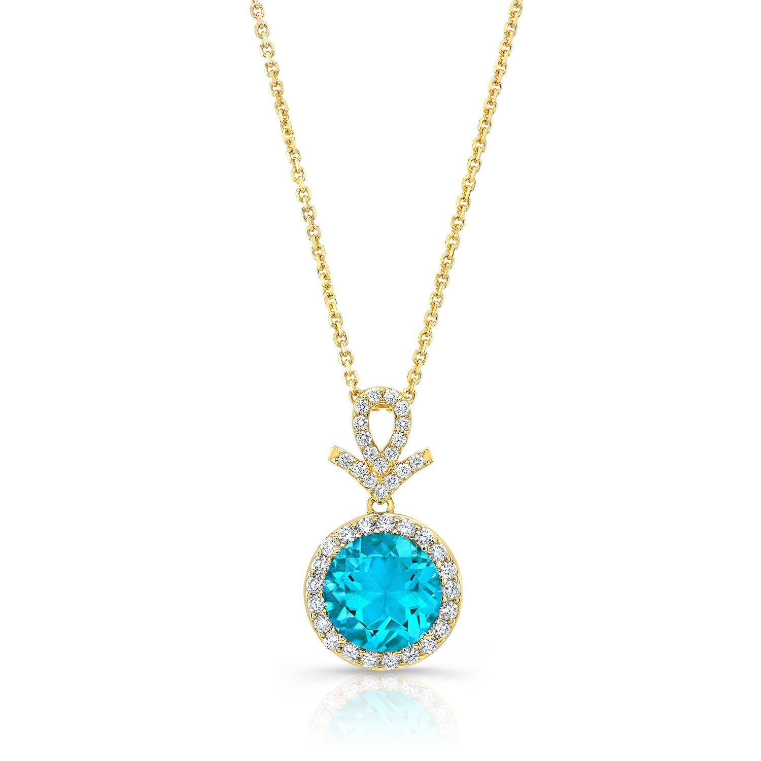 Blue Topaz And Diamond Pave Halo Pendant In 14k Yellow Gold
