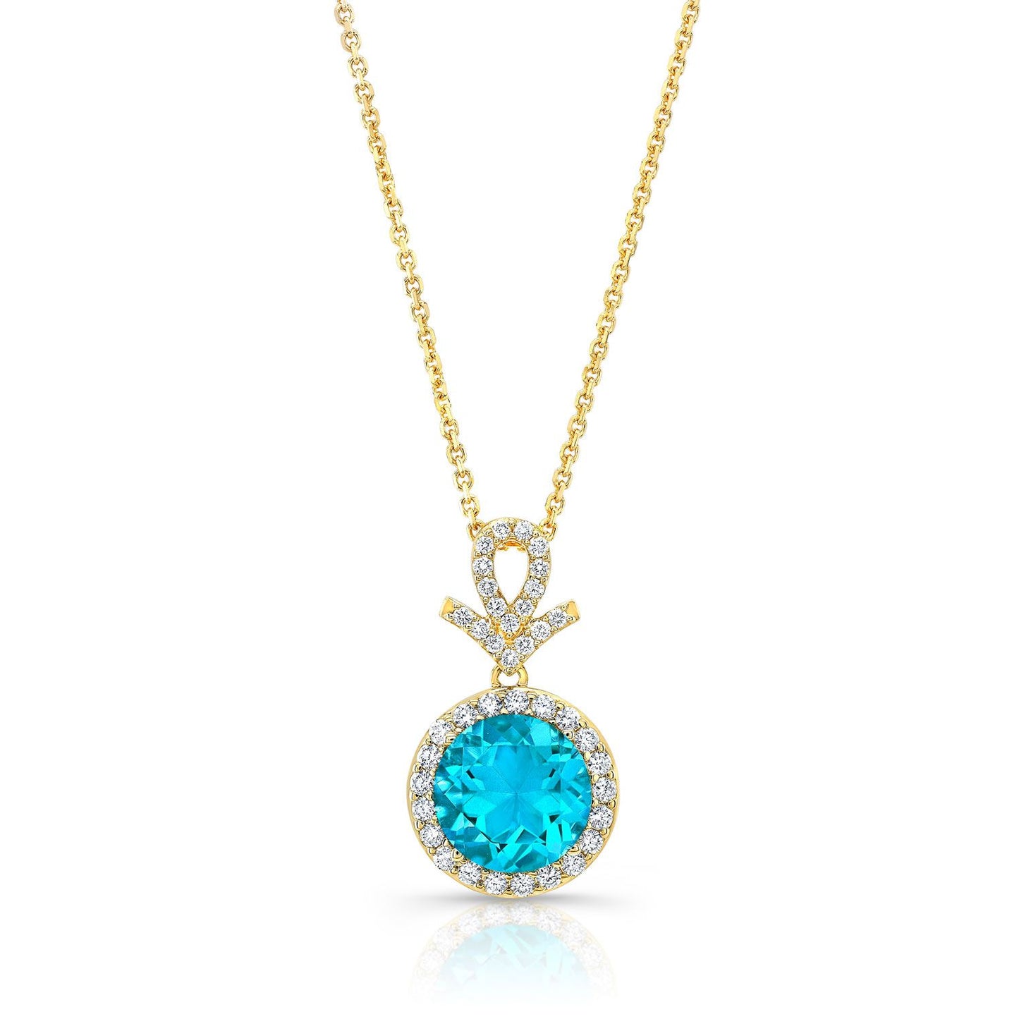 Blue Topaz And Diamond Pave Halo Pendant In 14k Yellow Gold